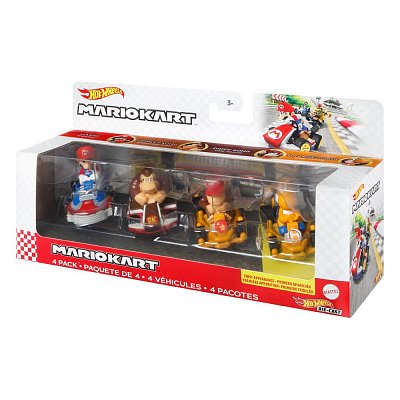Mario Kart Hot Wheels Diecast Vehicle 4-Pack 1/64 Mario, Donkey Kong, Diddy Kong, Orange Yoshi